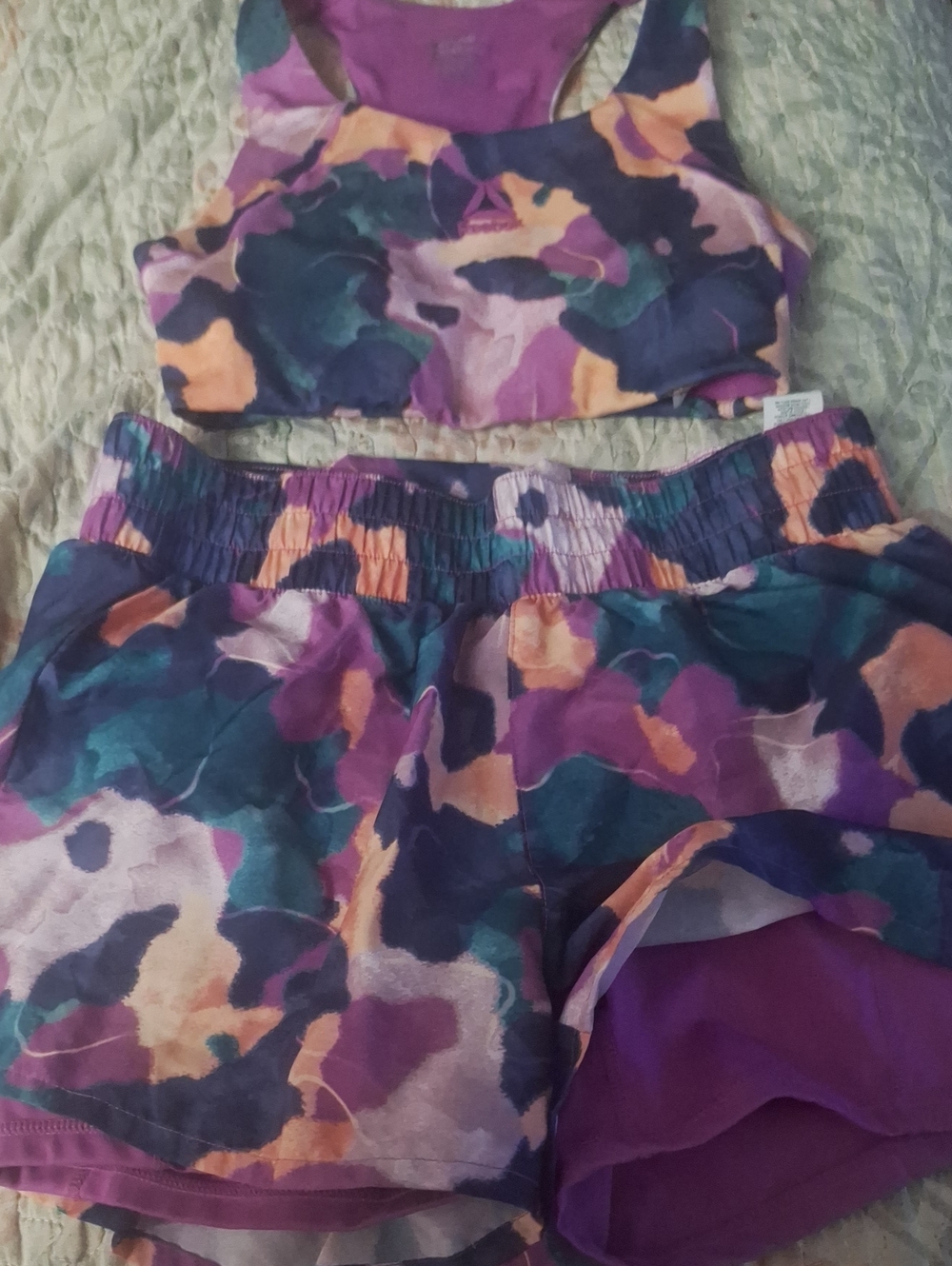 Reebok Purple Multi-Print Sports Bra and Shorts Set